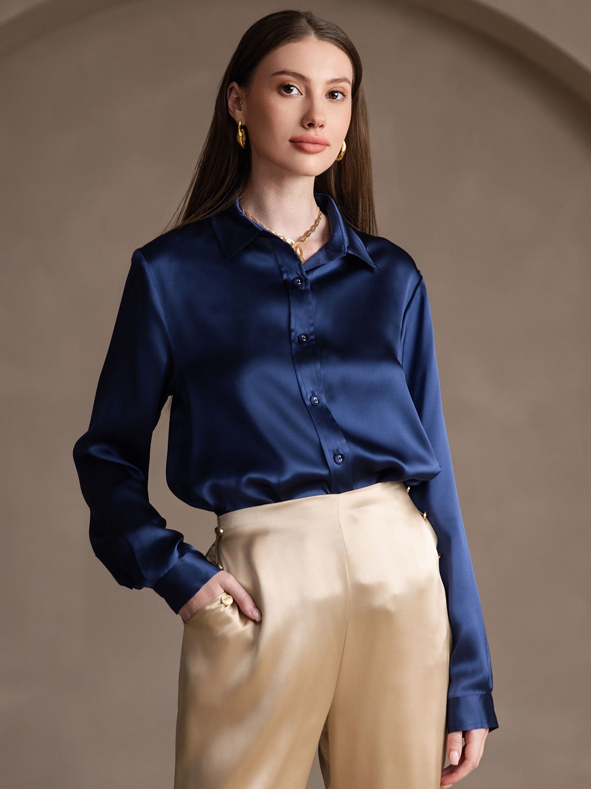 Rosstef 19Momme İpek Uzun Kollu Devrik Yaka Yaka Women's Shirt