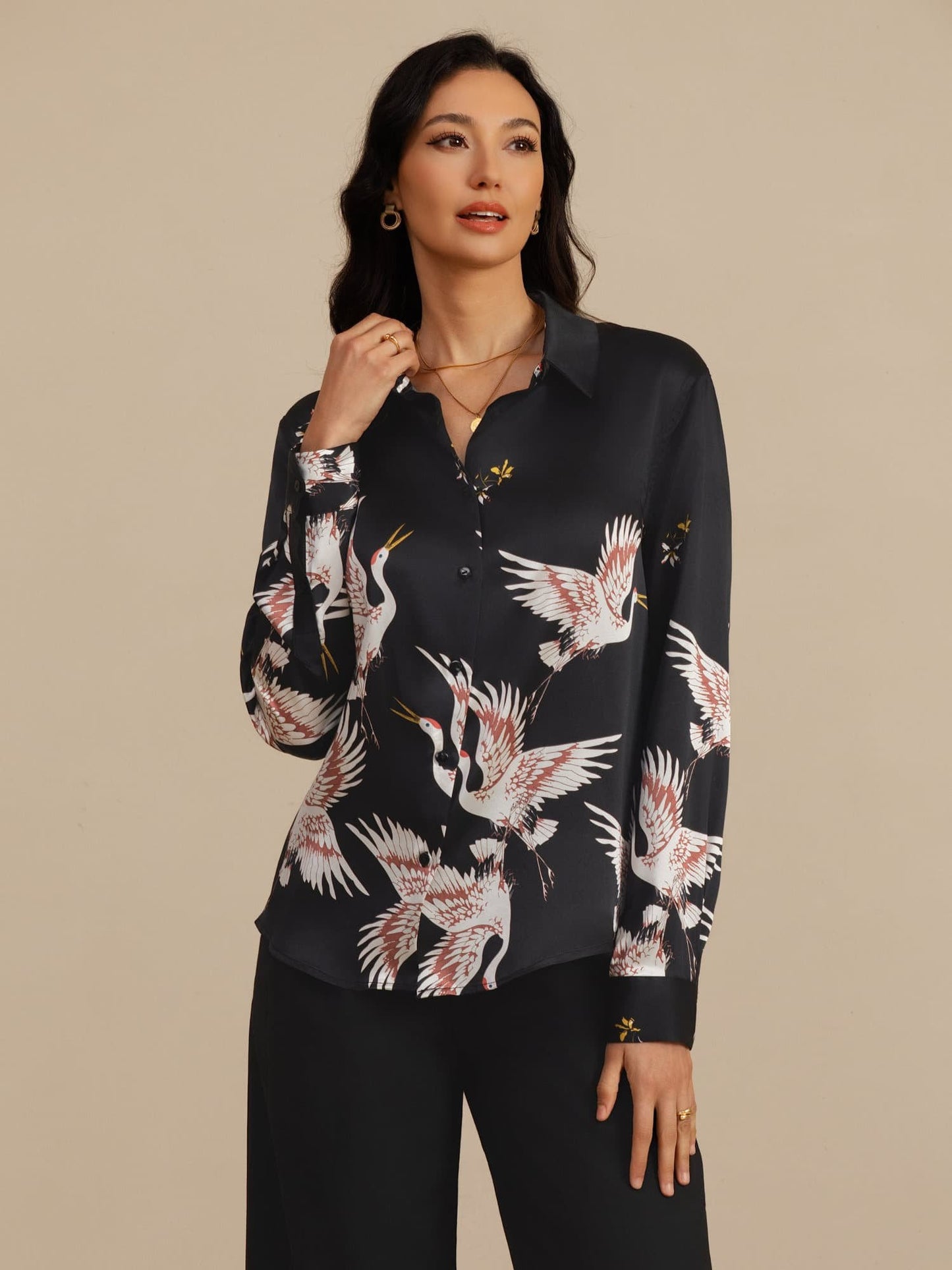 Rosstef 100% Dut İpek Uzun Kollu Devrik Yaka Yaka Women's Crane Baskı Button Bluz