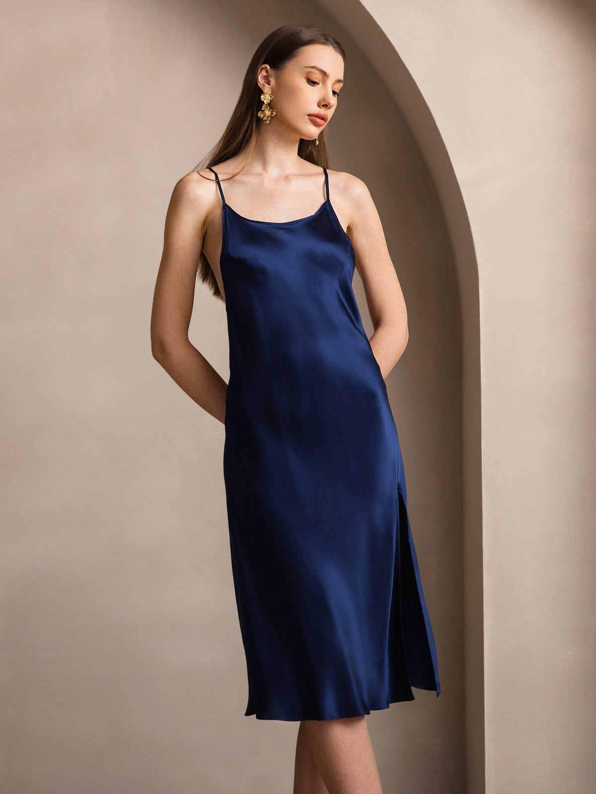 Rosstef Saf İpek Midi Elbise ile Criss Cross V-Back