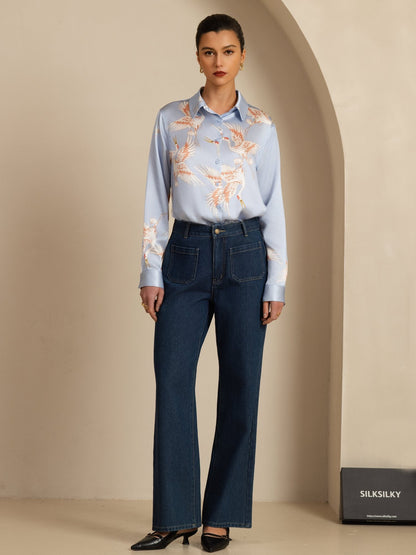 Rosstef 100% Dut İpek Uzun Kollu Devrik Yaka Yaka Women's Crane Baskı Button Bluz