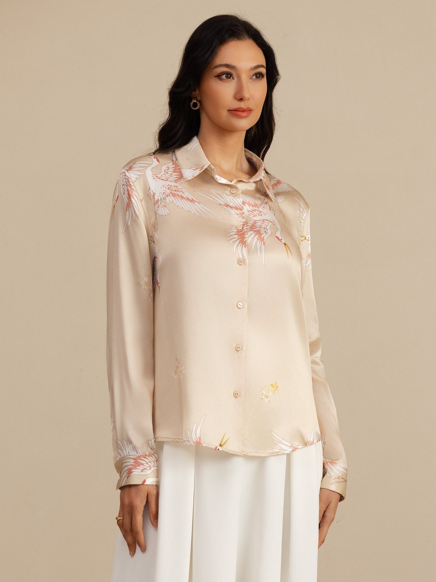 Rosstef 100% Dut İpek Uzun Kollu Devrik Yaka Yaka Women's Crane Baskı Button Bluz