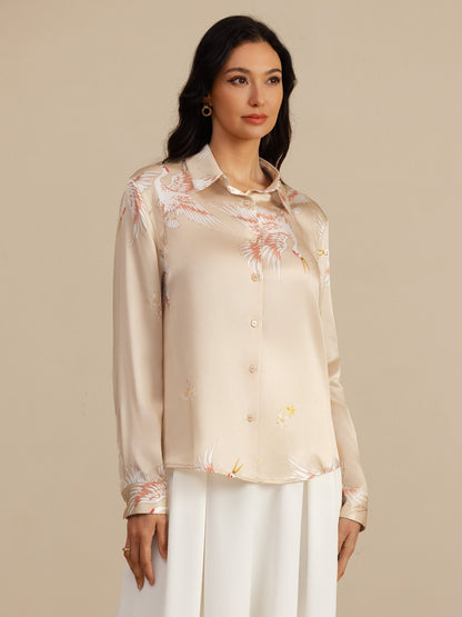 Rosstef 100% Dut İpek Uzun Kollu Devrik Yaka Yaka Women's Crane Baskı Button Bluz
