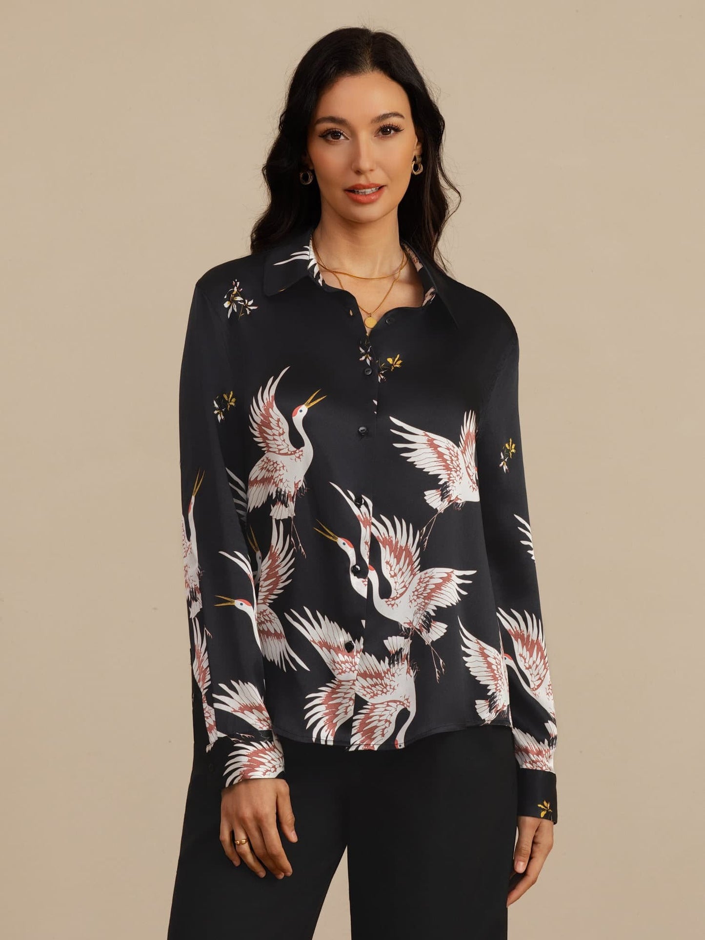 Rosstef 100% Dut İpek Uzun Kollu Devrik Yaka Yaka Women's Crane Baskı Button Bluz