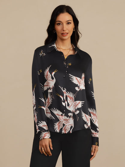Rosstef 100% Dut İpek Uzun Kollu Devrik Yaka Yaka Women's Crane Baskı Button Bluz