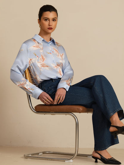 Rosstef 100% Dut İpek Uzun Kollu Devrik Yaka Yaka Women's Crane Baskı Button Bluz