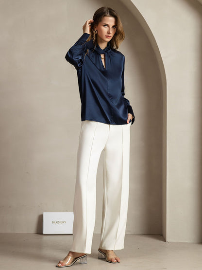 Rosstef 19Momme İpek Keyhole Yaka Bluz ile İncili Buttons