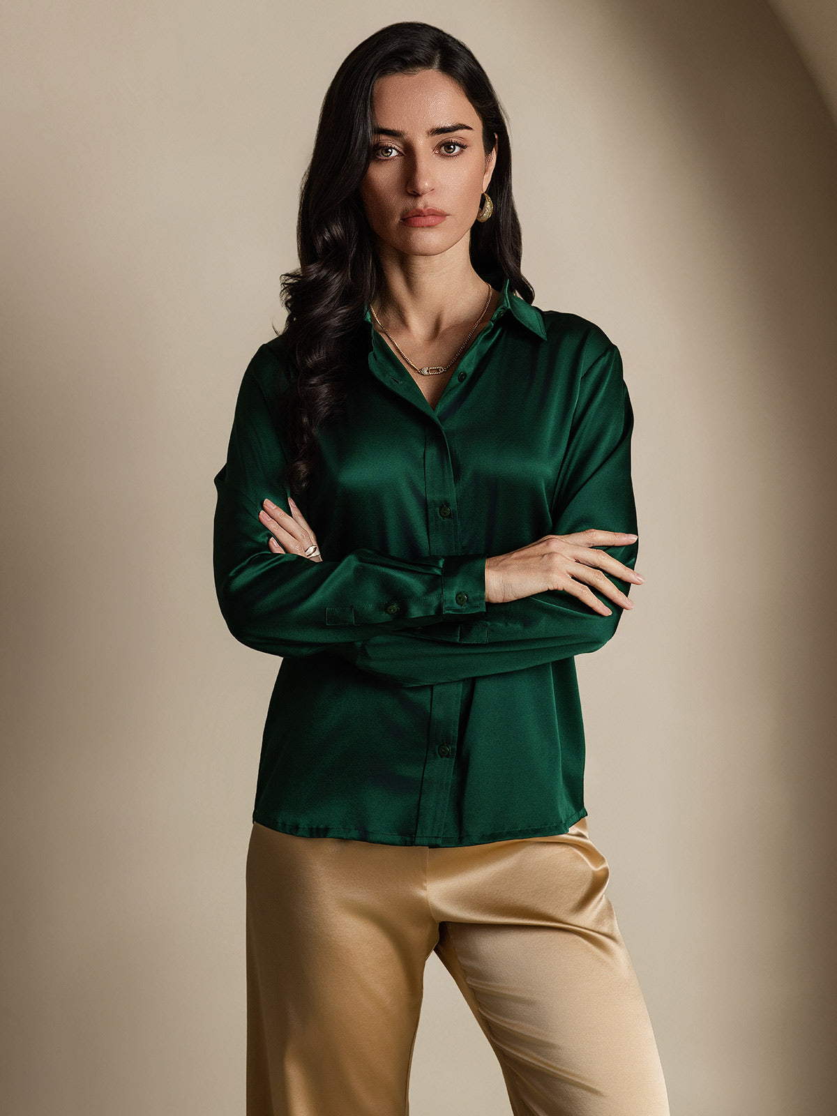 Rosstef 19Momme İpek Uzun Kollu Devrik Yaka Yaka Women's Shirt