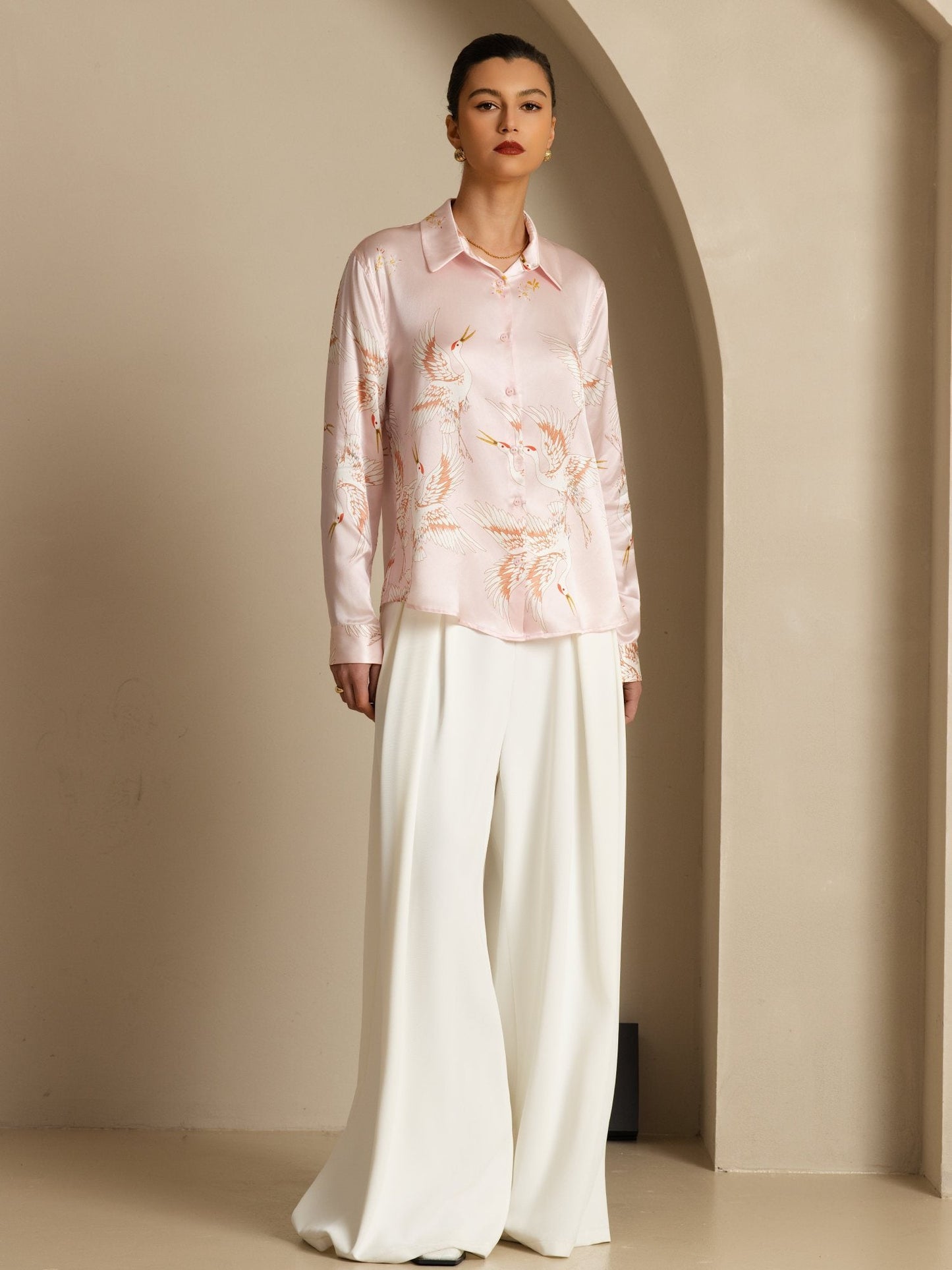 Rosstef 100% Dut İpek Uzun Kollu Devrik Yaka Yaka Women's Crane Baskı Button Bluz
