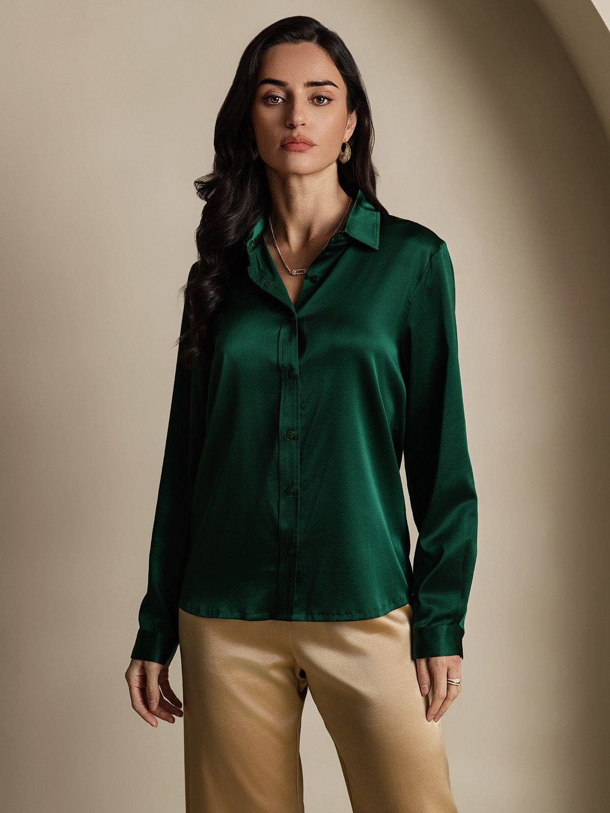 Rosstef 19Momme İpek Uzun Kollu Devrik Yaka Yaka Women's Shirt