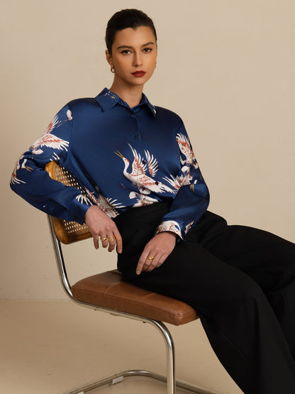 Rosstef 100% Dut İpek Uzun Kollu Devrik Yaka Yaka Women's Crane Baskı Button Bluz