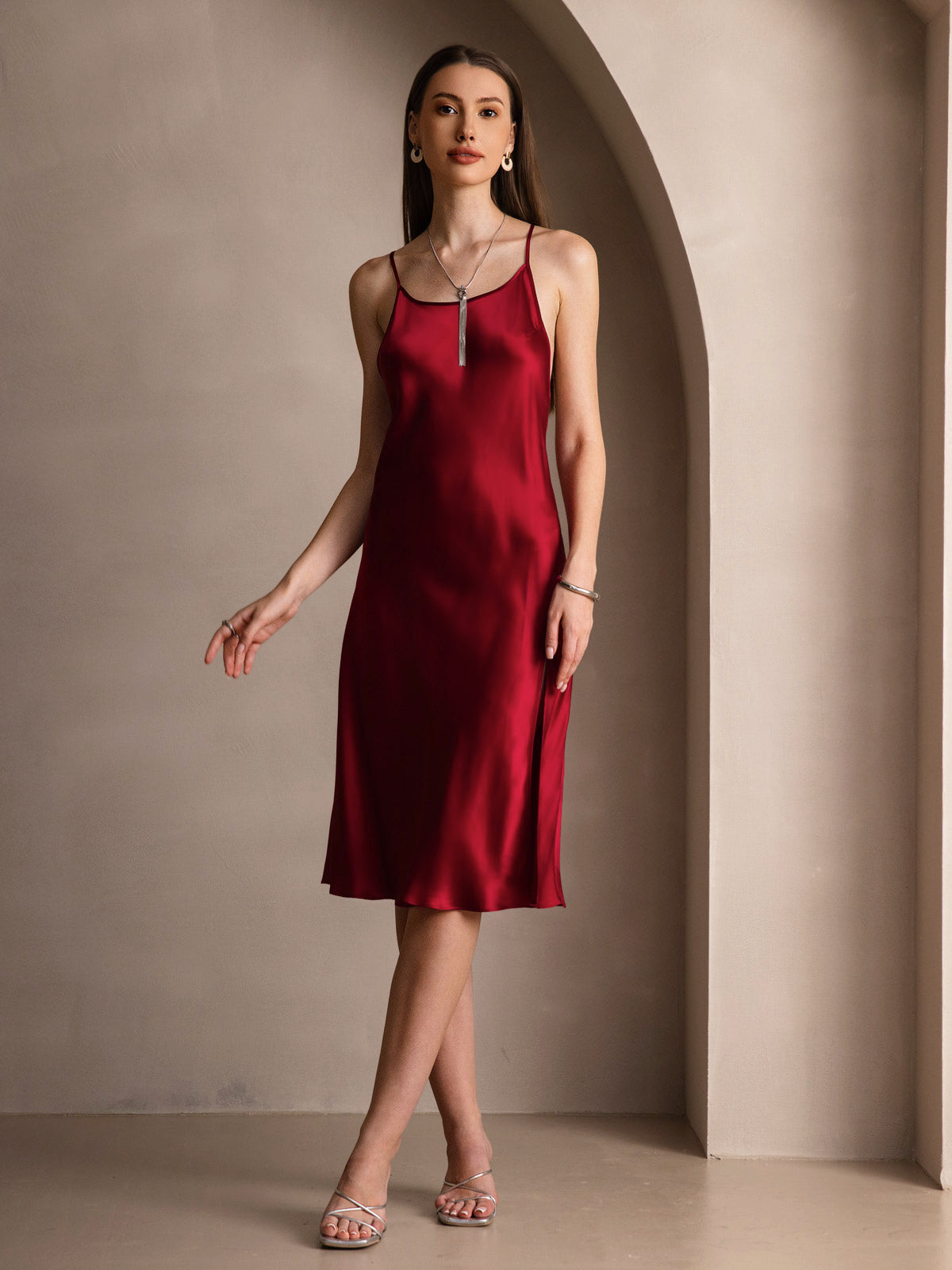 Rosstef Saf İpek Midi Elbise ile Criss Cross V-Back