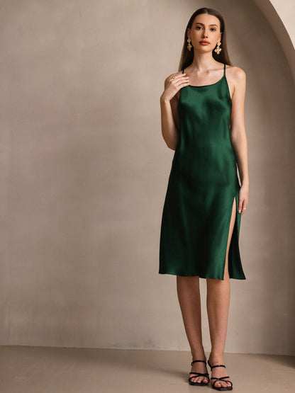 Rosstef Saf İpek Midi Elbise ile Criss Cross V-Back