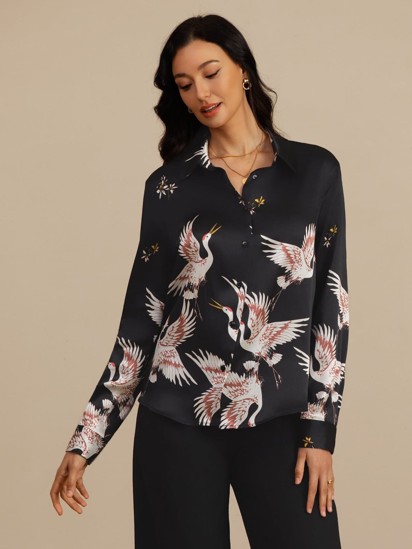 Rosstef 100% Dut İpek Uzun Kollu Devrik Yaka Yaka Women's Crane Baskı Button Bluz