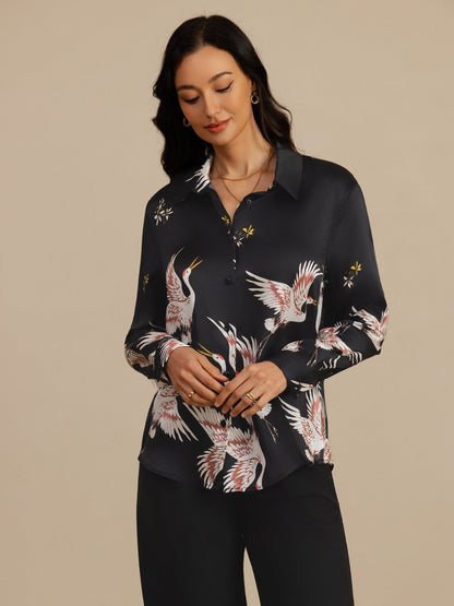Rosstef 100% Dut İpek Uzun Kollu Devrik Yaka Yaka Women's Crane Baskı Button Bluz