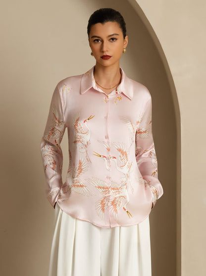 Rosstef 100% Dut İpek Uzun Kollu Devrik Yaka Yaka Women's Crane Baskı Button Bluz