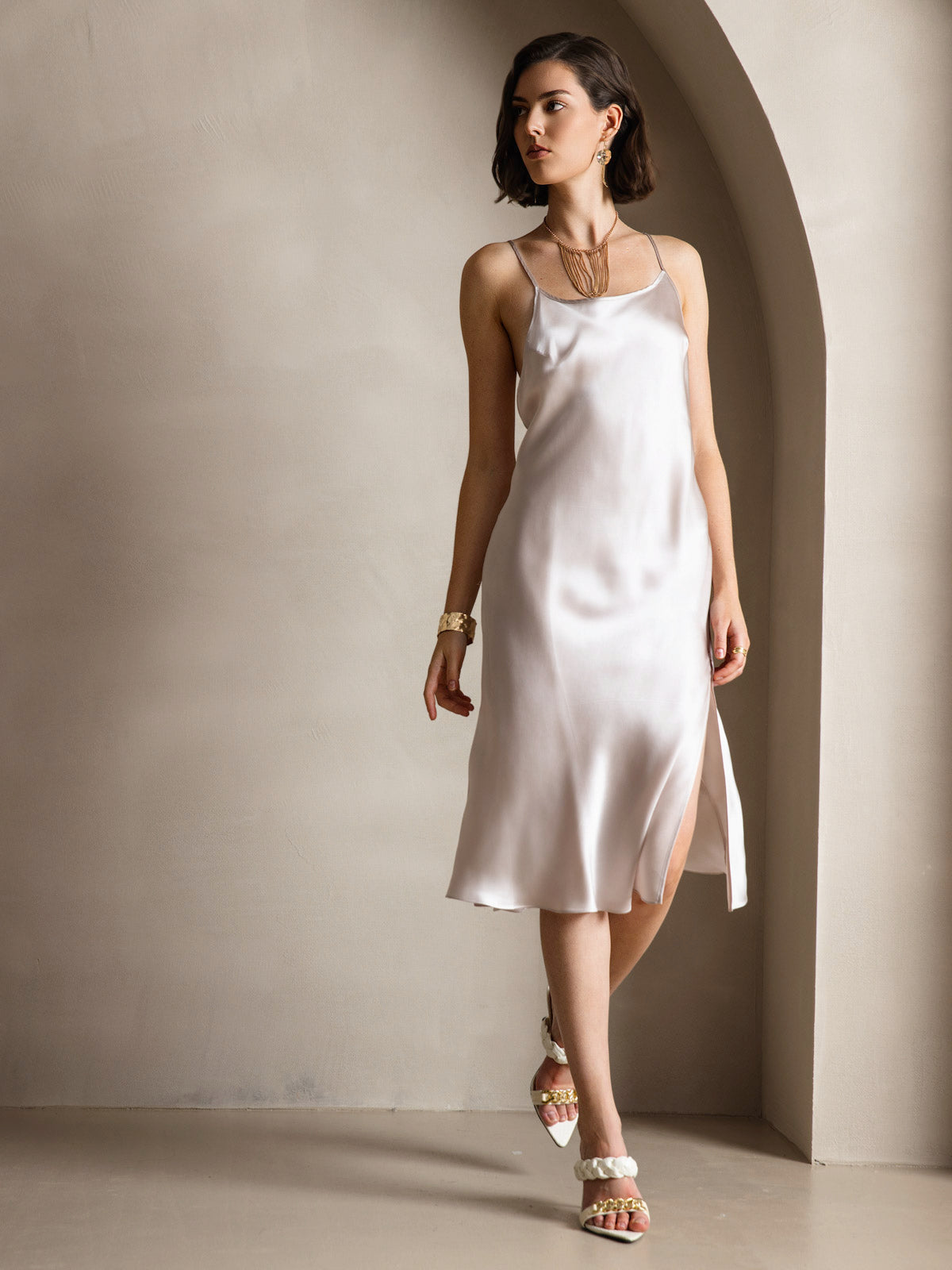 Rosstef Saf İpek Midi Elbise ile Criss Cross V-Back