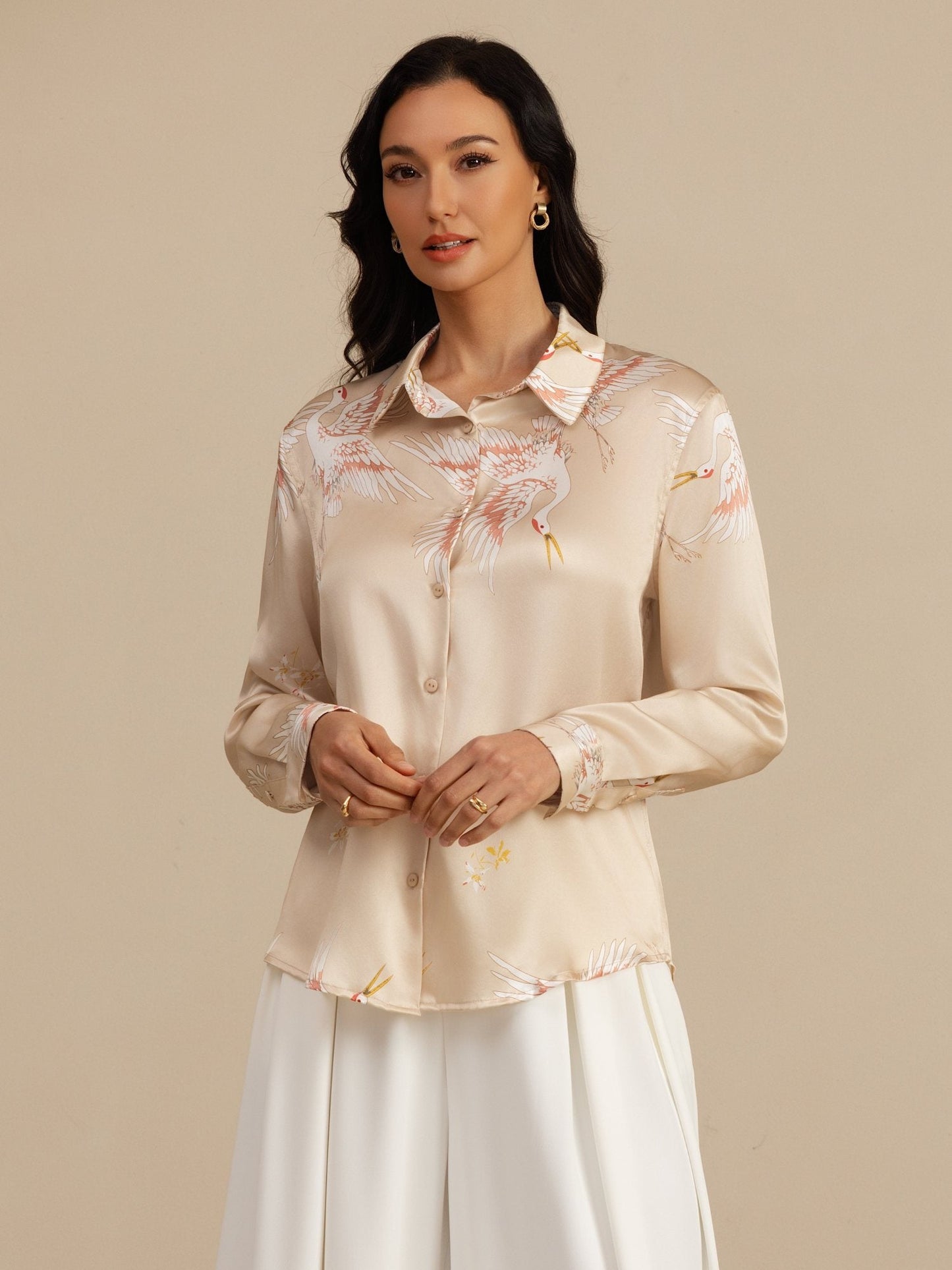 Rosstef 100% Dut İpek Uzun Kollu Devrik Yaka Yaka Women's Crane Baskı Button Bluz