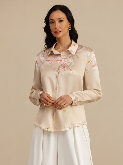 Rosstef 100% Dut İpek Uzun Kollu Devrik Yaka Yaka Women's Crane Baskı Button Bluz