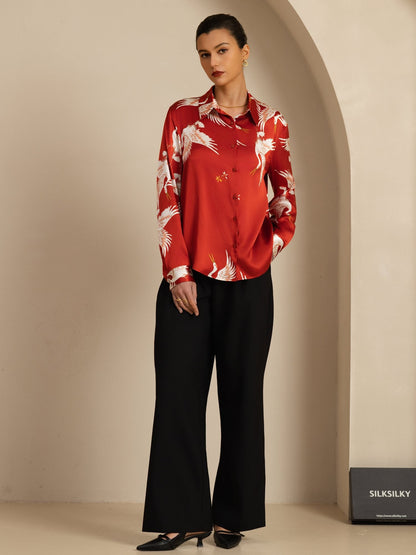 Rosstef 100% Dut İpek Uzun Kollu Devrik Yaka Yaka Women's Crane Baskı Button Bluz