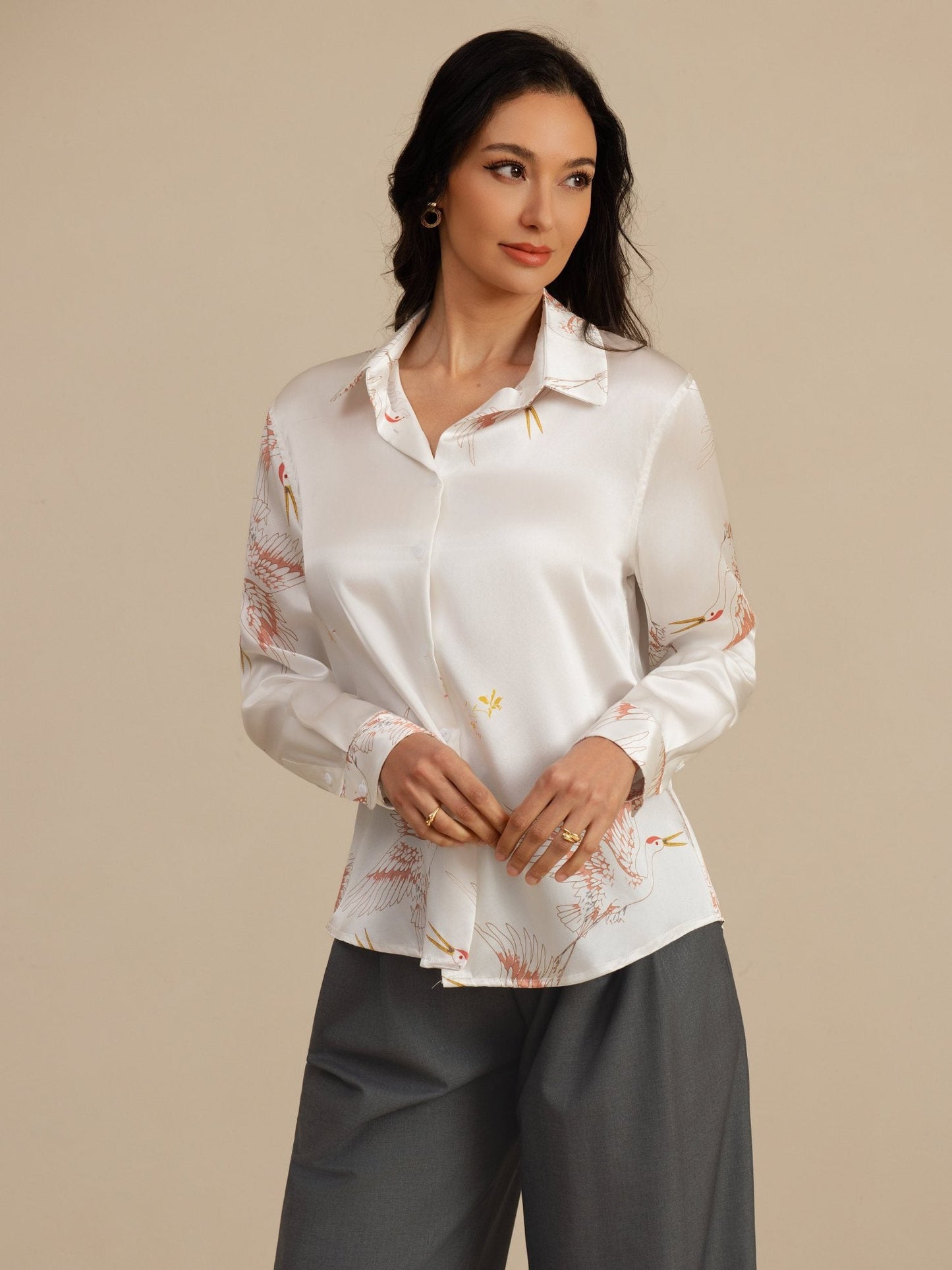 Rosstef 100% Dut İpek Uzun Kollu Devrik Yaka Yaka Women's Crane Baskı Button Bluz