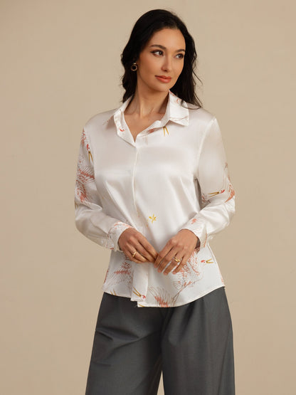 Rosstef 100% Dut İpek Uzun Kollu Devrik Yaka Yaka Women's Crane Baskı Button Bluz
