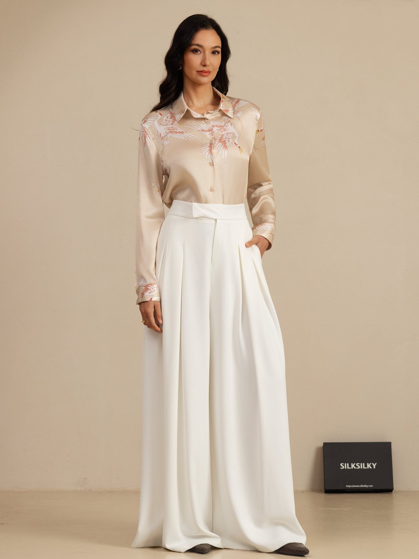 Rosstef 100% Dut İpek Uzun Kollu Devrik Yaka Yaka Women's Crane Baskı Button Bluz