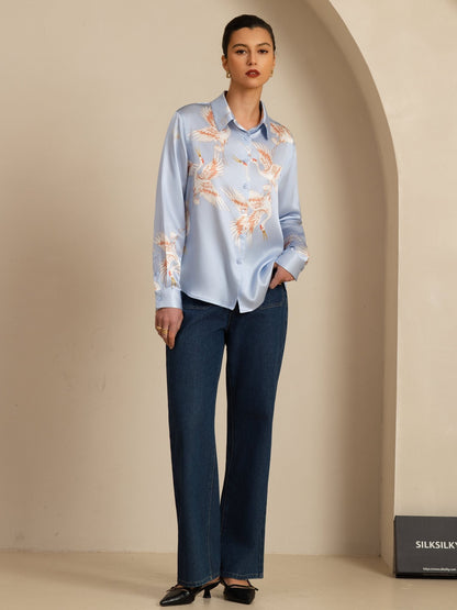 Rosstef 100% Dut İpek Uzun Kollu Devrik Yaka Yaka Women's Crane Baskı Button Bluz