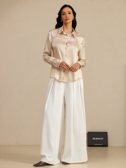 Rosstef 100% Dut İpek Uzun Kollu Devrik Yaka Yaka Women's Crane Baskı Button Bluz