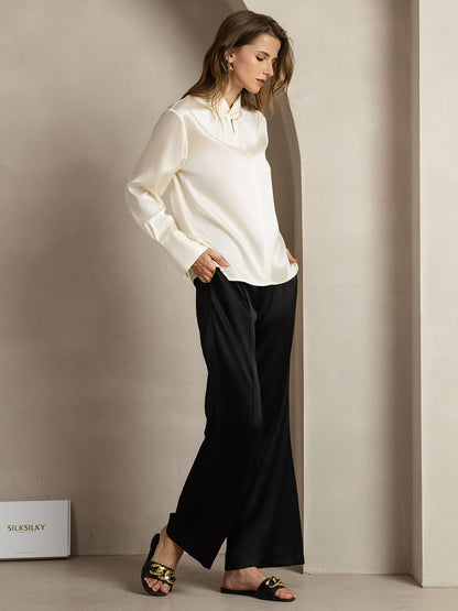 Rosstef 19Momme İpek Keyhole Yaka Bluz ile İncili Buttons